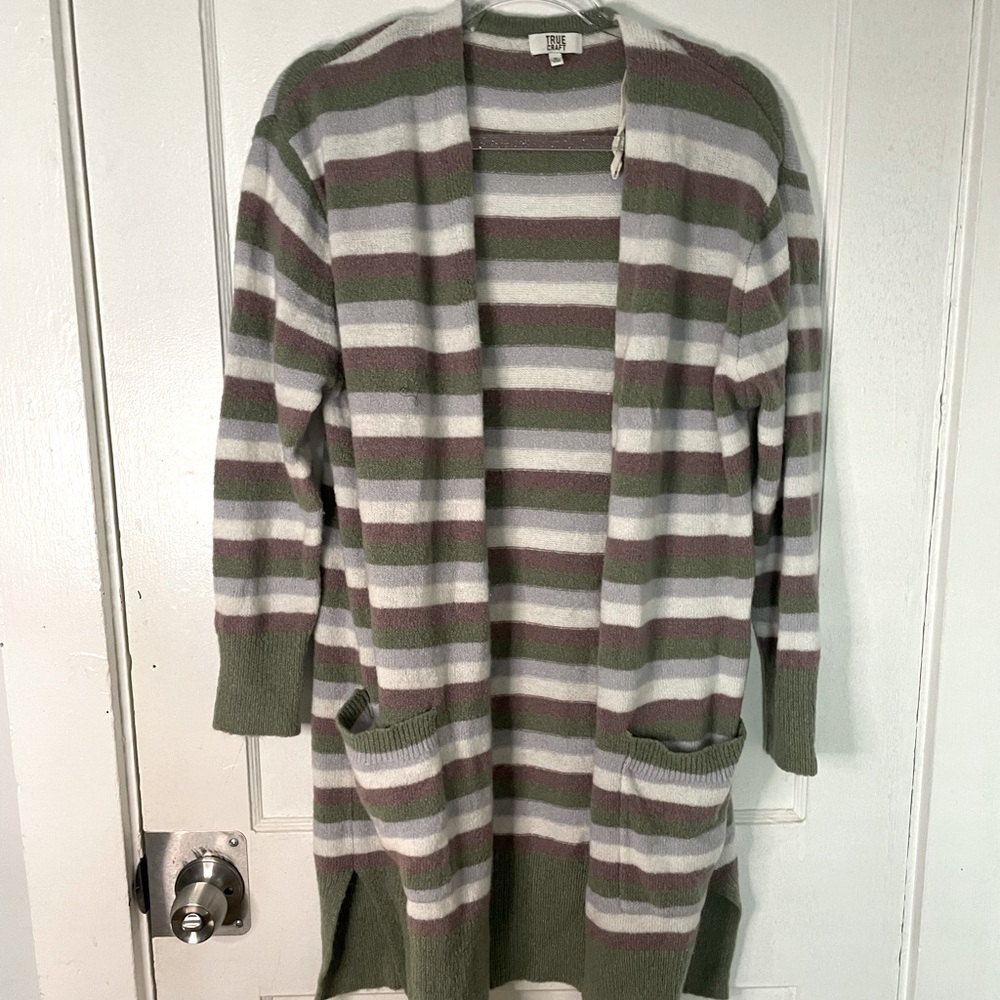 Open Front Long Striped Cardigan f